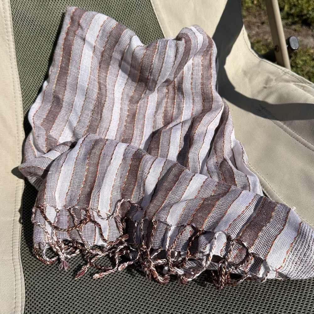 Raj Scarf Anthropologie 100% Cotton Fringed Gauzy Sheer Open Weave Stiped 72x20
